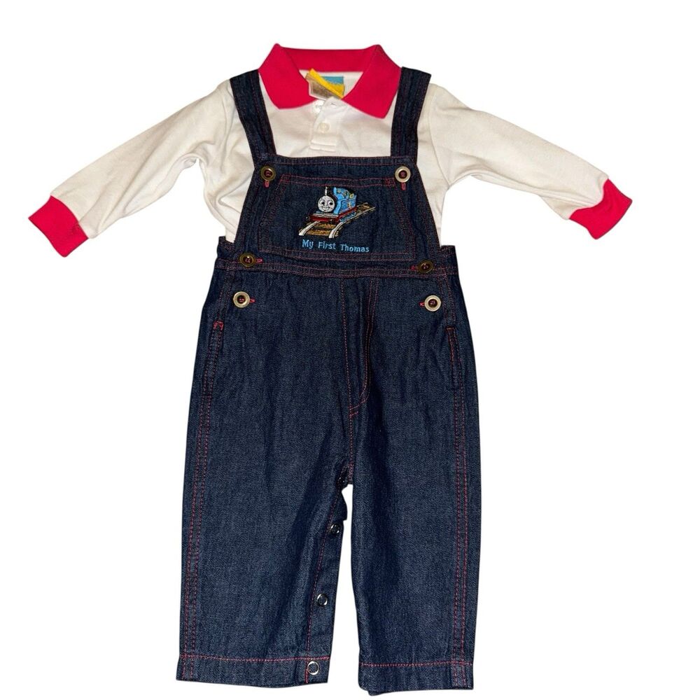 NWT Vintage Y2K Boys Thomas The Train Overalls Denim And Shirt Embroidered‎ 12m